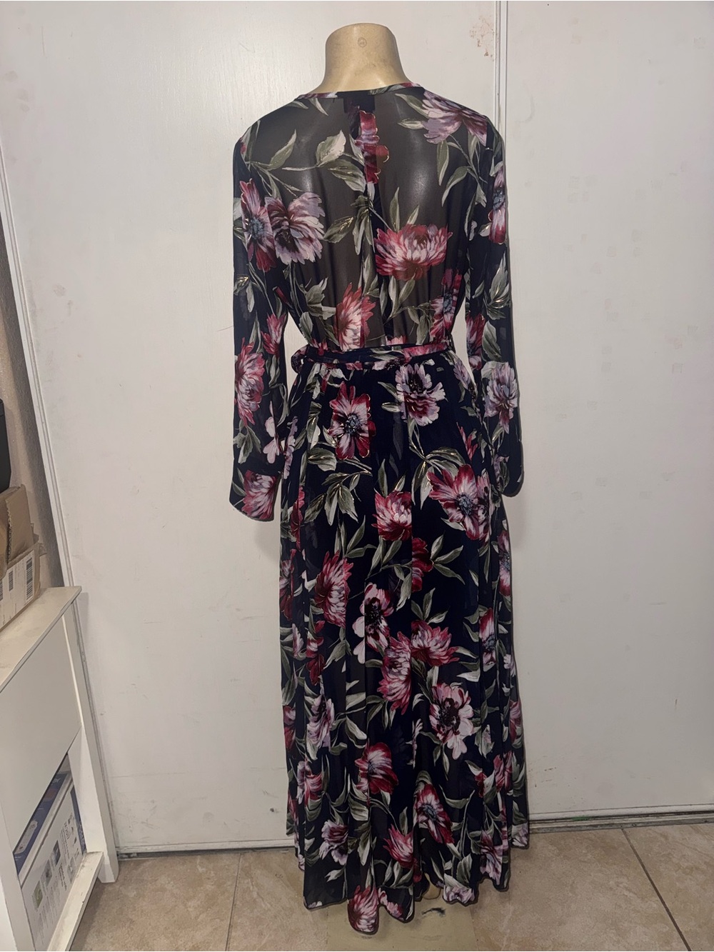 Black Floral Wrap Maxi Dress with Pink Blooms and Tie Waist - Picture 7 of 10